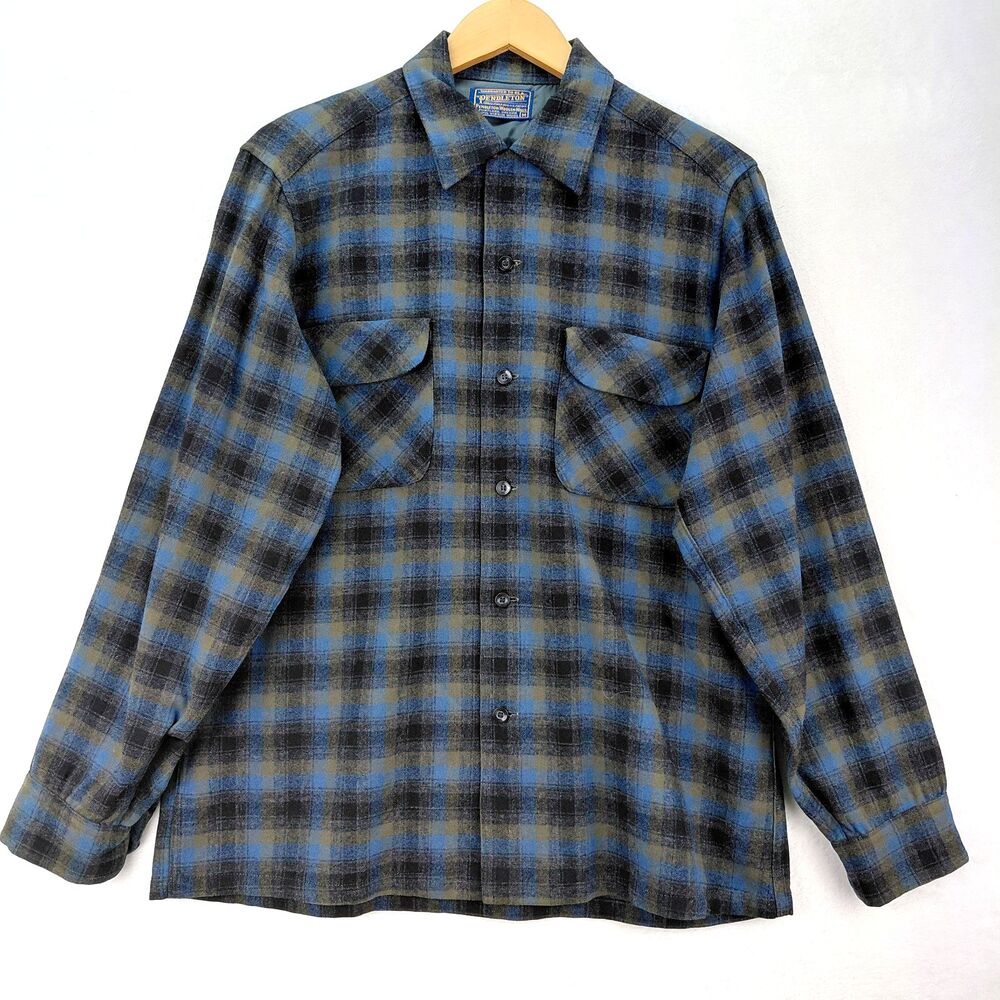 Vintage 60s Pendleton Wool Flannel Board Shirt Mens M Blue Plaid Loop Collar USA